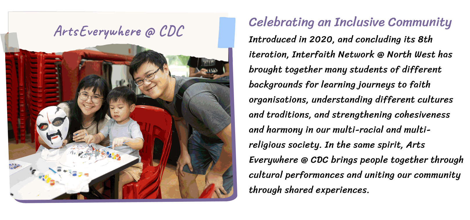 Two adults and a young child paint a white mask at a table, smiling, at an ArtsEverywhere CDC event.